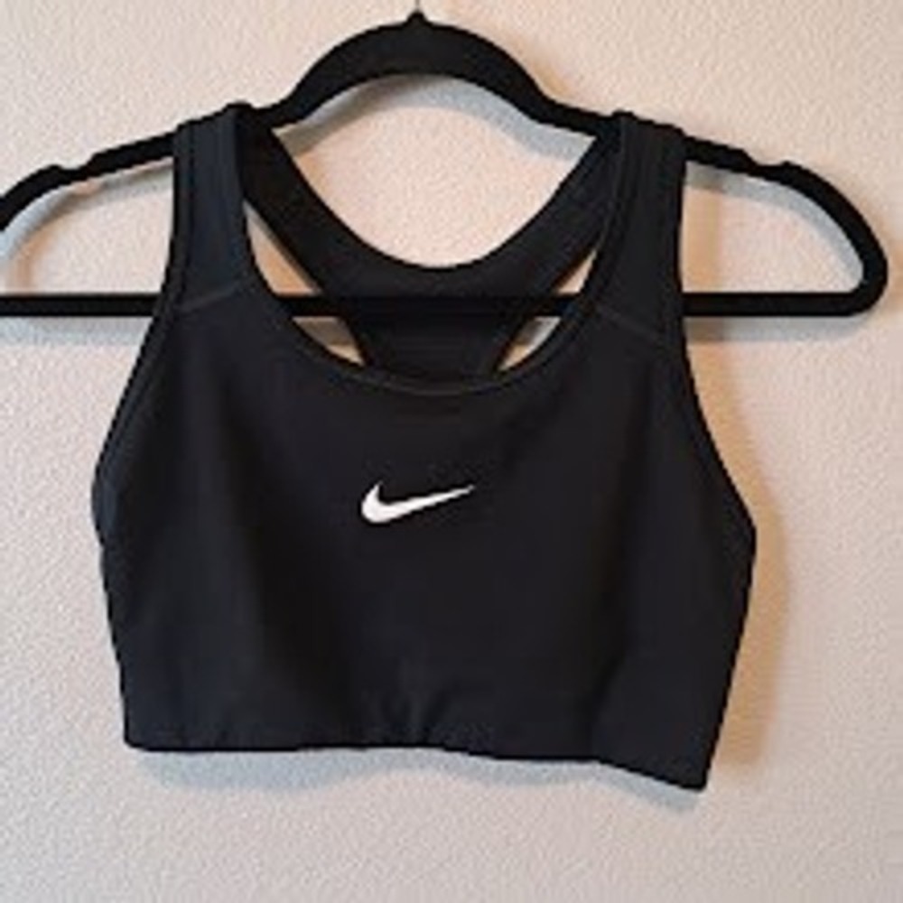 Nike Swoosh Medium Support Racerback Sports Bra Black White Logo Womens Gym Yoga